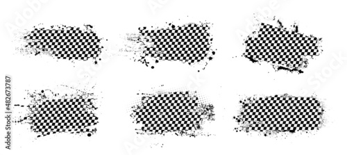 Racing flags set in dirty grunge style with splashes. Collection Racing flags for car race sport, auto rally and motocross, off-road, drift competitions. Vector checkered pattern squares old texture