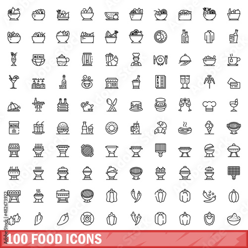 100 food icons set. Outline illustration of 100 food icons vector set isolated on white background