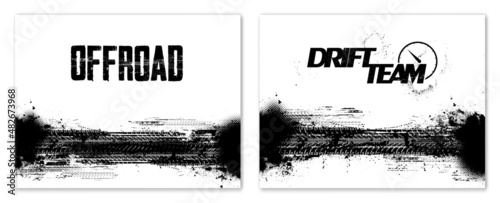 Two template posters monochrome style with grunge effect. Tire tracks with dirty splashes. Off-road, drift, motorcycle, bike, car racing, drift concept. Grunge pattern Tire tracks. Vector set