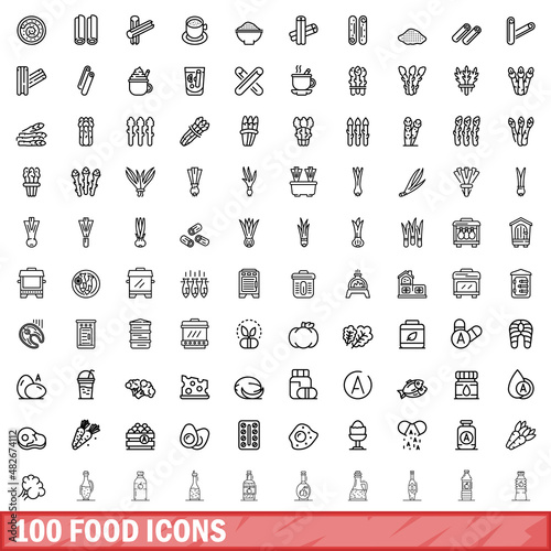 100 food icons set. Outline illustration of 100 food icons vector set isolated on white background