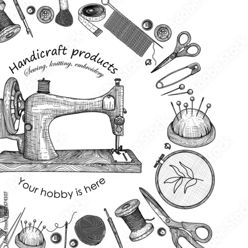 Vector banner template. Graphic, linear products for needlework. Scissors, thread, needle, pin, sewing machine, needle pad, hairpin, embroidery, hook and knitting needles