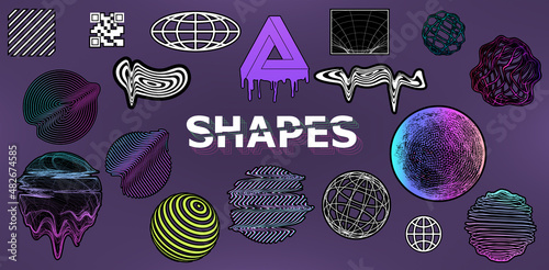 Simple geometric shapes, memphis sticker style form 80s-90s. Old wave cyberpunk and vaporwave elements. 3D and 2D universal geometric shapes with neon color and glitch effect. Simple vector set