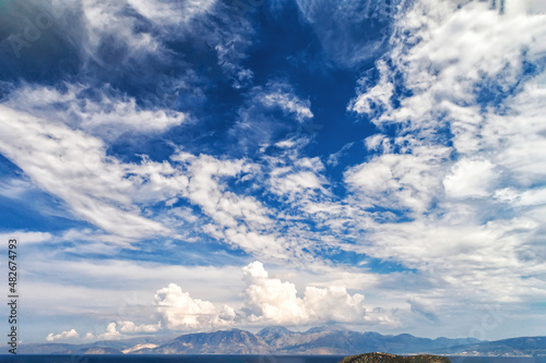 White clouds on blue sky or azure sky background  over mountain ranges. Landscape