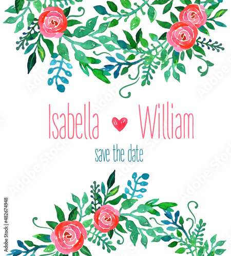 Boho style wedding invitation template. Watercolor illustration.
