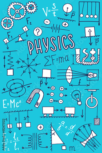 Phisics cover template. Science symbols icon set, subject doodle design. Education and study concept. Back to school sketchy background for notebook, not pad, sketchbook. Hand drawn illustration.