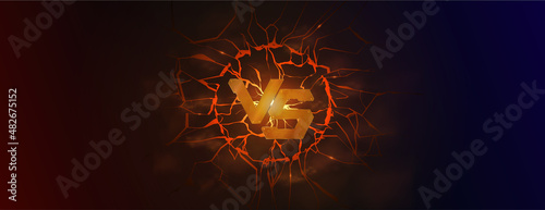 Versus battle banner with metal letters VS, cracked earth, lava, smoke and glow effect. Fighting concept, MMA versus battle, boxing, wrestling, esport, gaming design. Vector banner VS. Vector