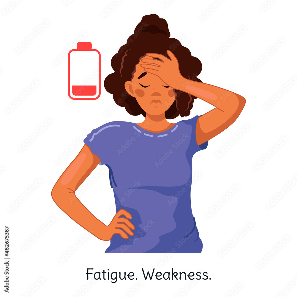 Obraz premium An African-American woman feels exhausted, weak, tired during an illness. The girl is sick. Flu, colds, viral diseases. Symptoms of coronavirus. Vector illustration isolated on a white background