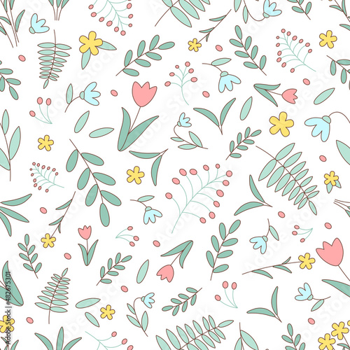 Spring seamless floral pattern of flowers and leaves