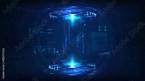 Future circle 3D lab with HUD elements for show product. Stage for UI, GUI, App, background. Blank podium with HUD interface for presentation. Cyberpunk hi-tech hologram. Vector Mockup show room