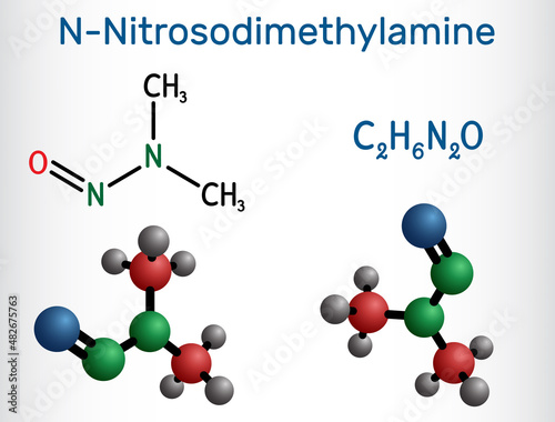 N-Nitrosodimethylamine, NDMA, dimethylnitrosamine, DMN molecule. It is human carcinogen, poison. Structural chemical formula and molecule model. photo