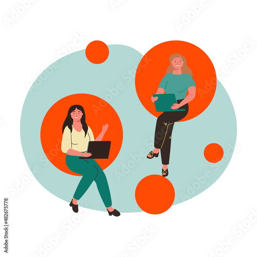 Home office and online business meeting vector concept. Self isolation and social distancing in business. New normal in coronavirus pandemics. Eps10 illustration.