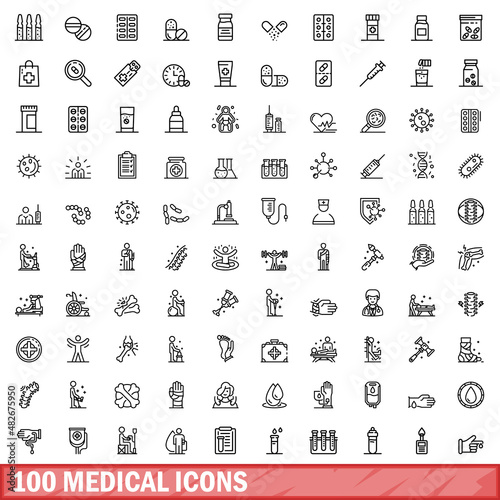 100 medical icons set. Outline illustration of 100 medical icons vector set isolated on white background