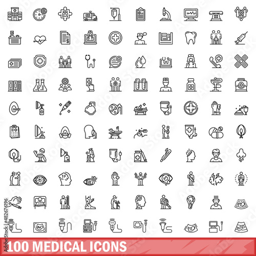 100 medical icons set. Outline illustration of 100 medical icons vector set isolated on white background