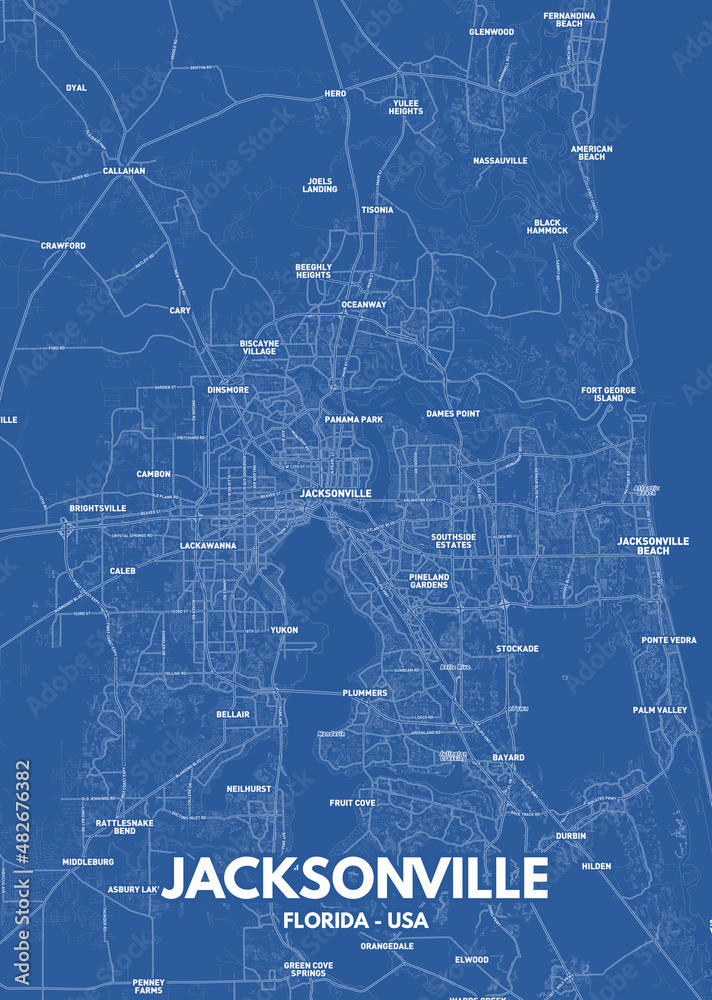 Poster Jacksonville - Florida map. Jacksonville - Florida road map. Illustration of Jacksonville - Florida streets. Jacksonville - Florida transportation network. Printable poster format (portrait).