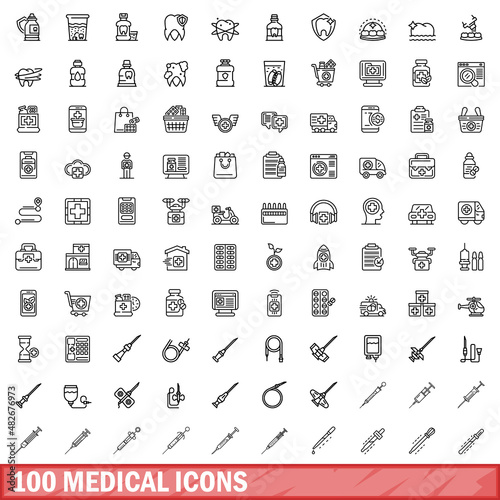 100 medical icons set. Outline illustration of 100 medical icons vector set isolated on white background