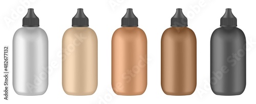 Set of nude beige foundation bottles. 3d mockup. Shades of natural beige color. Concealer container. Black cap. Plastic bottle. Decorative cosmetics. BB or CC cream tube. Dropper mockup