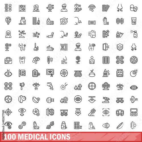 100 medical icons set. Outline illustration of 100 medical icons vector set isolated on white background