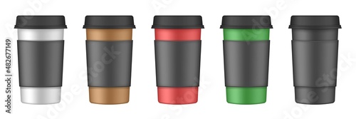 Realistic set of paper coffee cups with black cupholders. Coffee to go. Take away. Blank container with lid for latte, mocha, cappuccino or tea drinks. Carton cup holder. White, brown, red, green cups