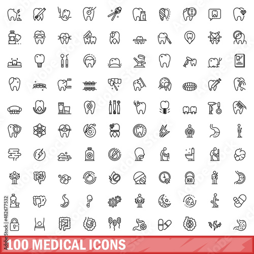 100 medical icons set. Outline illustration of 100 medical icons vector set isolated on white background