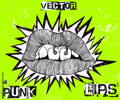 Vector Punk Lips. Hand drawn black lipstick angry lips with piercing and spike crown outline in the style of punk and grunge flyers and posters on green background.