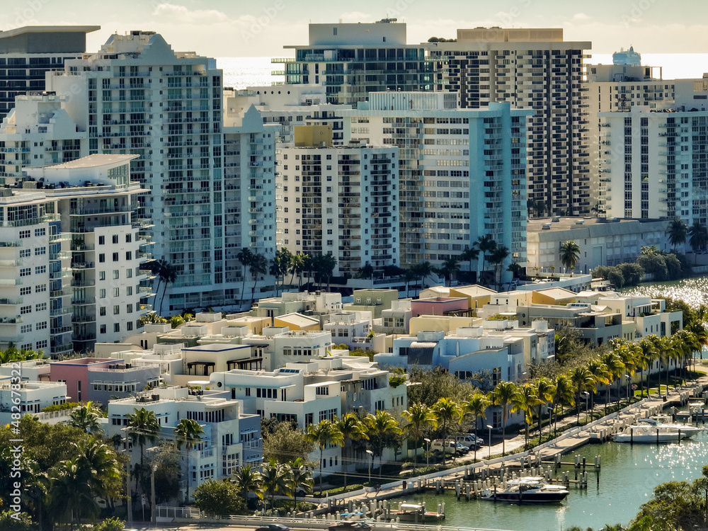 Fototapeta premium Aerial drone photo of townhomes and highrise condominiums in Miami Beach