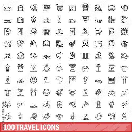 100 travel icons set. Outline illustration of 100 travel icons vector set isolated on white background