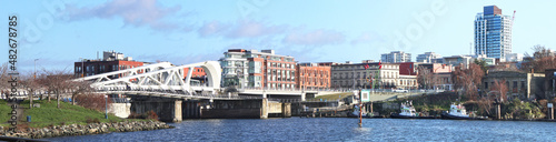 Panoramic photo of Inner Harbour, Bridge and Revitalized Old Town. Victoria, British Columbia, Canada. Vancouver Island.   