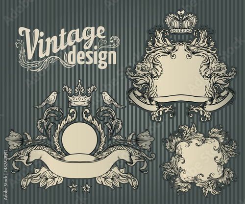 Vintage design elements set. Ribbon with floral decor. Vector illustration.