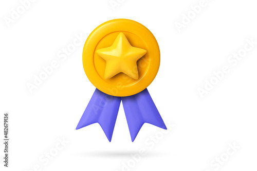 3D quality guarantee vector medal with star and ribbon. Vector illustration icon realistic 3d graphics medal , high quality rating photo