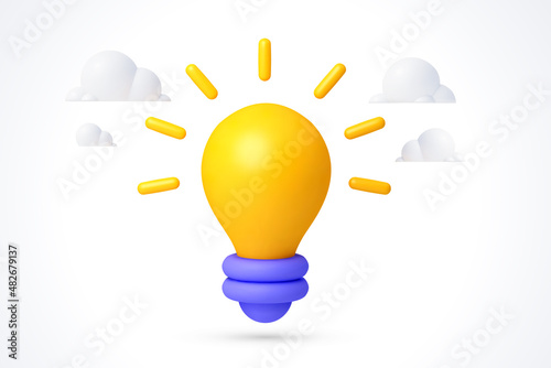 3d light bulb, light idea icon team processes brainstorming on idea development cartoon style vector. Realistic light bulb vector idea metaphor 