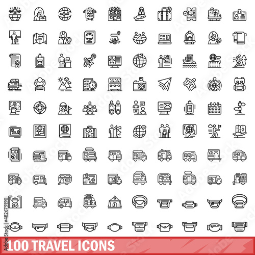 100 travel icons set. Outline illustration of 100 travel icons vector set isolated on white background