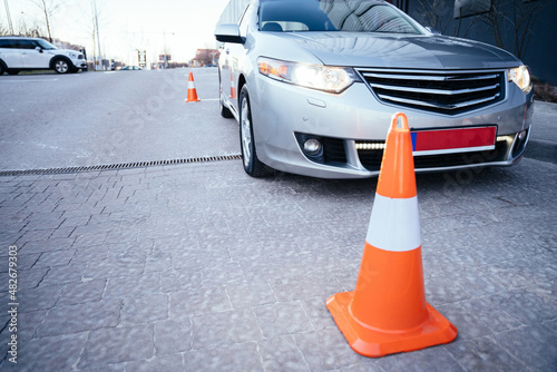 Driving Test. Training parking. Cones for the examination, driving school concept.