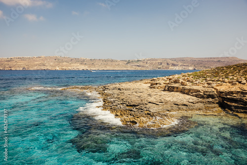 Aerial view of Blue Mediterranean lagoon in Malta