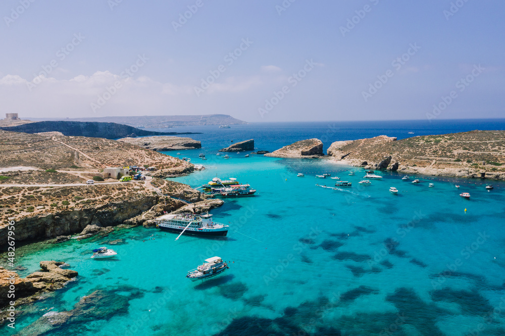 Aerial view of beautiful blue Mediterranean  lagoon in Malta 