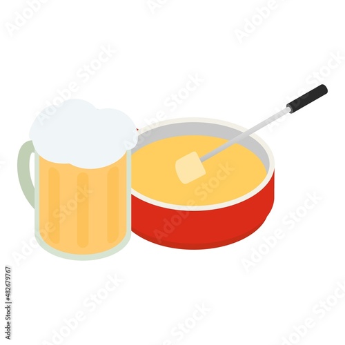 Swiss dish icon isometric vector. Cheese fondue with one fork and mug of beer. Traditional swiss cuisine dish and drink, national product