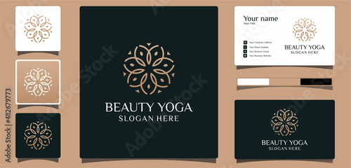 yoga line art style beauty flower logo design template and business card design