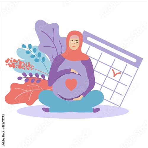 Pretty pregnant woman in hijab with a calendar. Muslim girl. Time of delivery or visit to the doctor. Pregnancy and motherhood. Carrying a child. Flat illustration. Purple color.