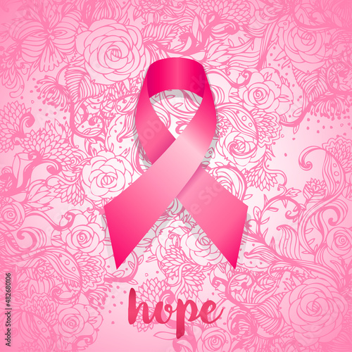 October: Breast Cancer Awareness Month, annual campaign to increase awareness of the disease. Woman with breast cancer awareness pink ribbon, vector illustration health, medicine, beauty concept