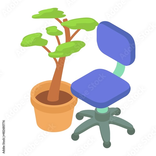 Office chair icon isometric vector. Blue soft work chair and potted plant icon. Office furniture, equipment, decor