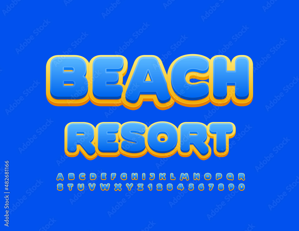 Vector bright emblem Beach Resort. Blue and Yellow Alphabet Letters and Numbers. Modern creative Font