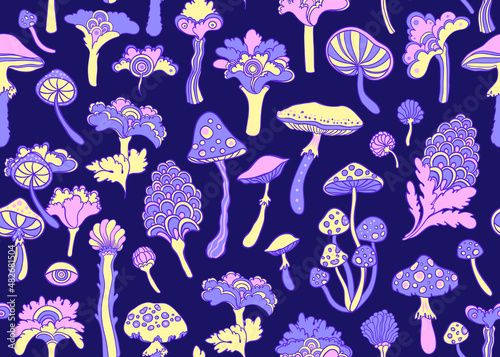 Colorful flowersl and mushrooms seamless pattern, retro 60s, 70s hippie style background. Vintage psychedelic textile, fabric, wrapping, wallpaper. Vector repeating magic floral illustration.