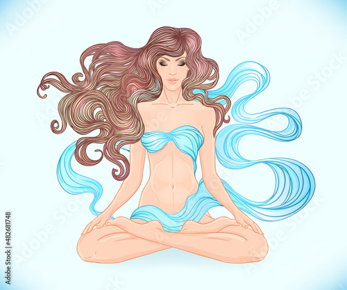 Beautiful Caucasian Girl with long curly hair sitting in Lotus pose over gold ornate pattern on background. Vector illustration. Spa consent, yoga studio, or natural medicine clinic.