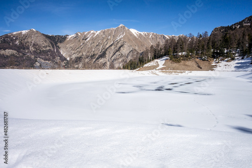 Mountain lake landscape in winter