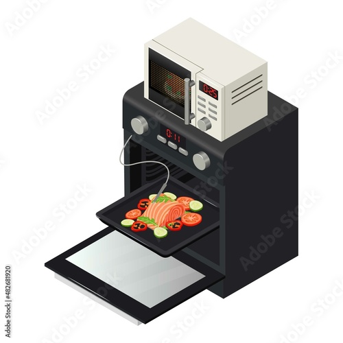 Kitchen equipment icon isometric vector. Oven with thermal probe and microwave. Kitchen appliance, household technic, modern technology