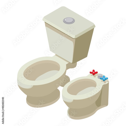 Plumbing icon isometric vector. New modern ceramic toilet bowl and bidet icon. Toilet, restroom, lavatory equipment
