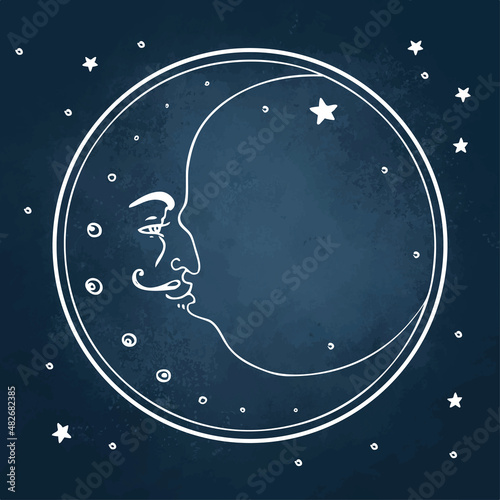 Moon and stars on a blackboard. Vector illustration in vintage engraving style.