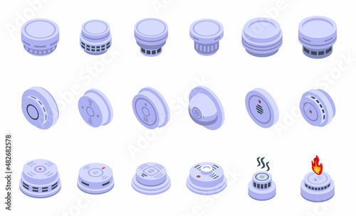 Smoke detector icons set isometric vector. Alarm celling. Fire accident photo