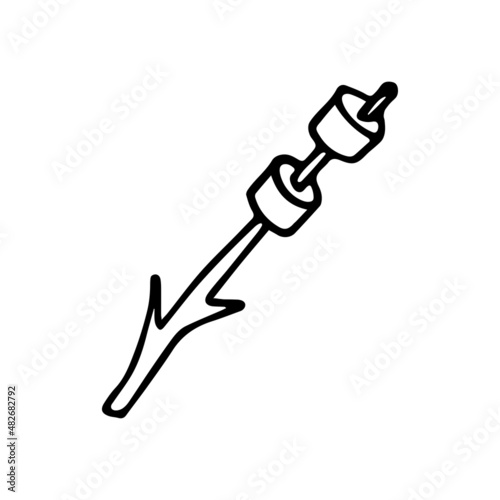 Hand drawn doodle marshmallows on branch. Frying on the fire. Vector camping clipart.