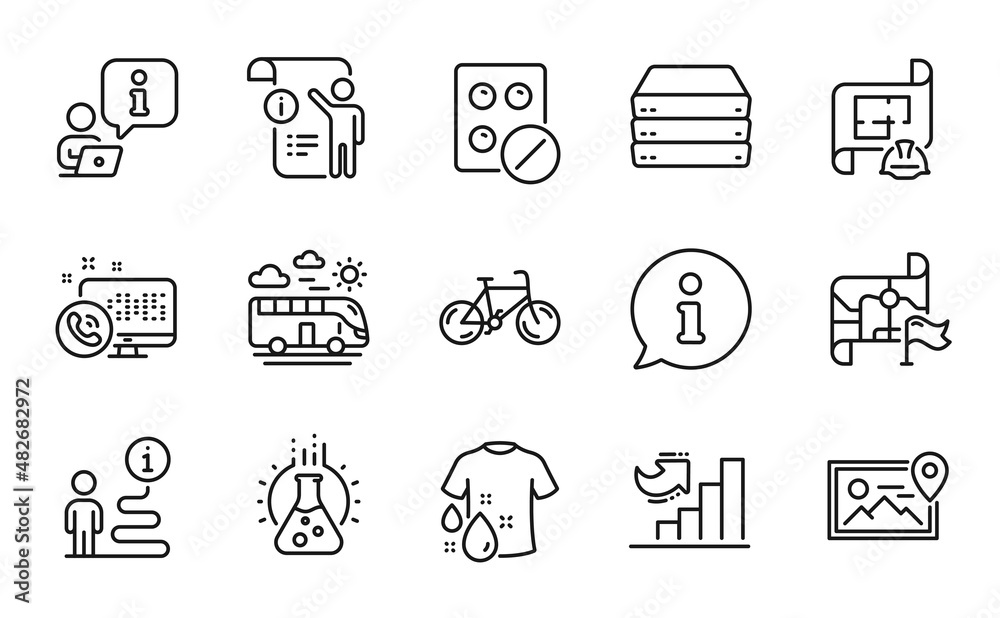 Business icons set. Included icon as Engineering plan, Bicycle, Chemistry lab signs. Bus travel, Web call, Servers symbols. Destination flag, Manual doc, Growth chart. Wash t-shirt. Vector