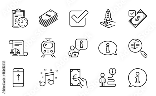 Business icons set. Included icon as Checkbox, Musical note, Search text signs. Crowdfunding, Finance, Legal documents symbols. Dollar, Accepted payment, Information. Exam time, Train. Vector